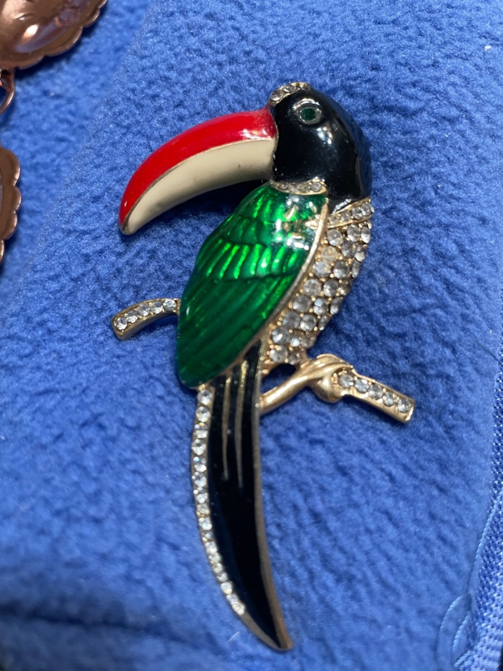 Green and Black Toucan Brooch Pin with Red Beak and Crystal Accents